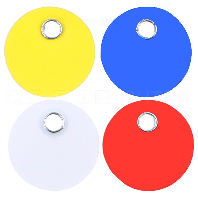 CleverDelights 100 Pack - CleverDelights Plastic Tags - 1" Round - Waterproof and Tear-Resistant - 25 Pcs Per Color - Image 1